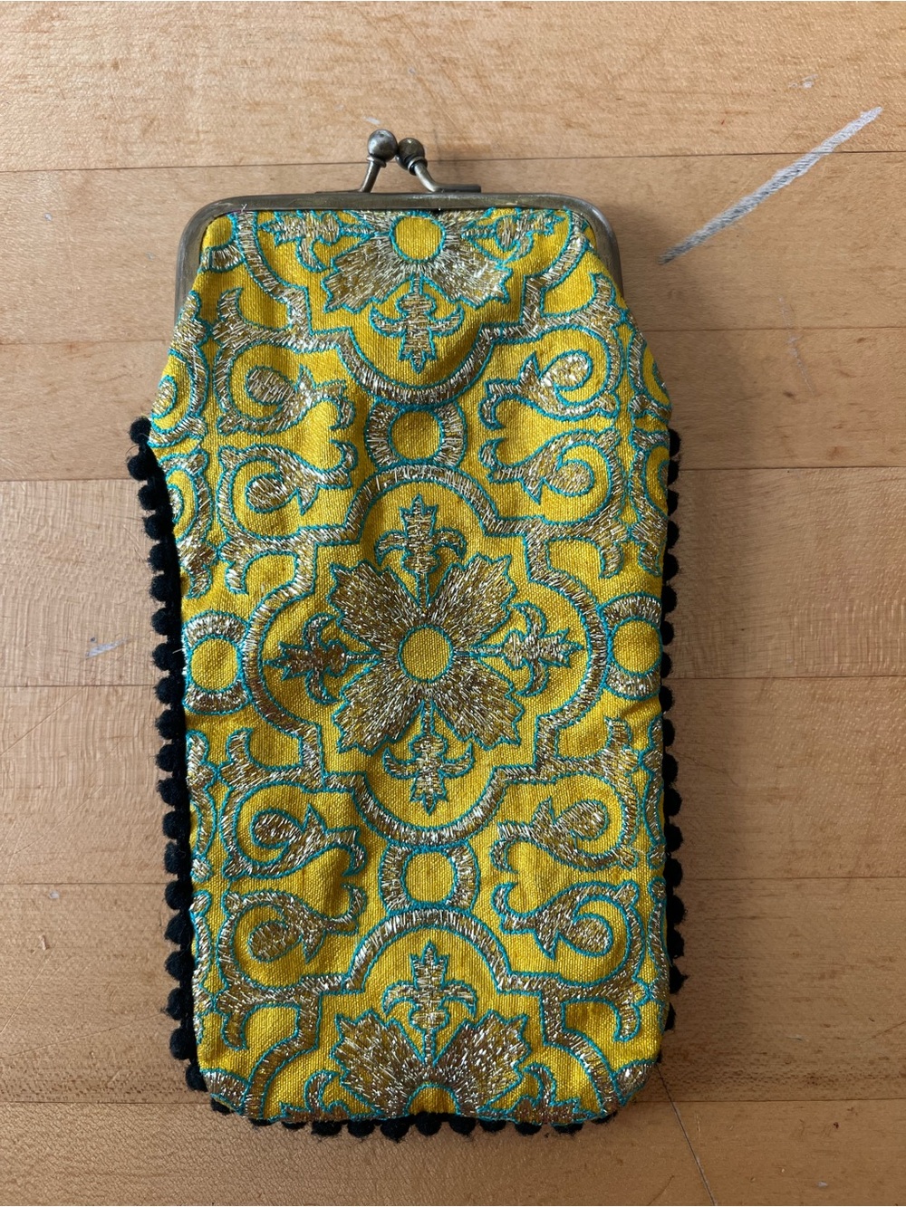 Anthropologie Jasper and Jeera Yellow Brocade Glass Pouch with Black Trim